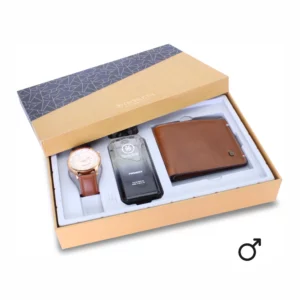 men's combo, tan/brown/rose gold men's watch, men's parfum EDP, tan/brown men's wallet, genuine leather wallet
