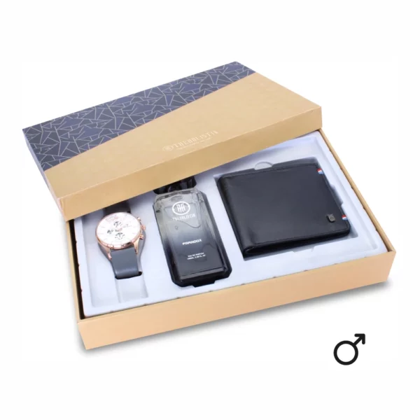 men's combo, sliver/grey men's watch, men's parfum EDP, black men's wallet, genuine leather wallet