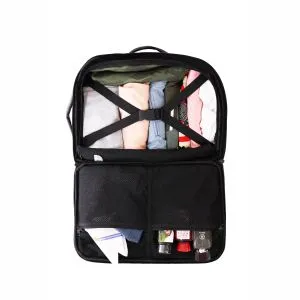 drifter smart suitcase duffel bag, usb charging port, TSA lock, split opens like suitcase, black