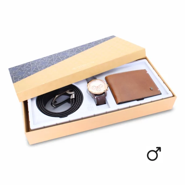 men's combo, men's formal brown genuine leather belt, rose gold/brown men's watch, tan/brown men's genuine leather wallet