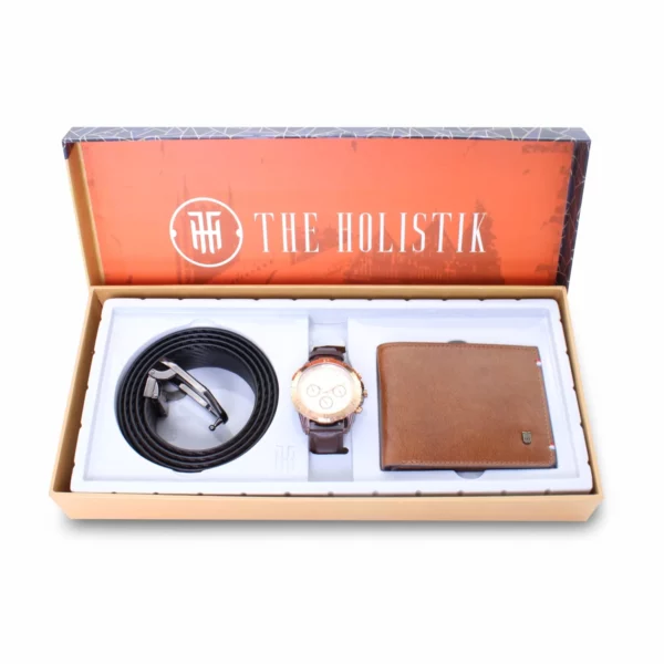 men's combo, men's formal brown genuine leather belt, rose gold/brown men's watch, tan/brown men's genuine leather wallet