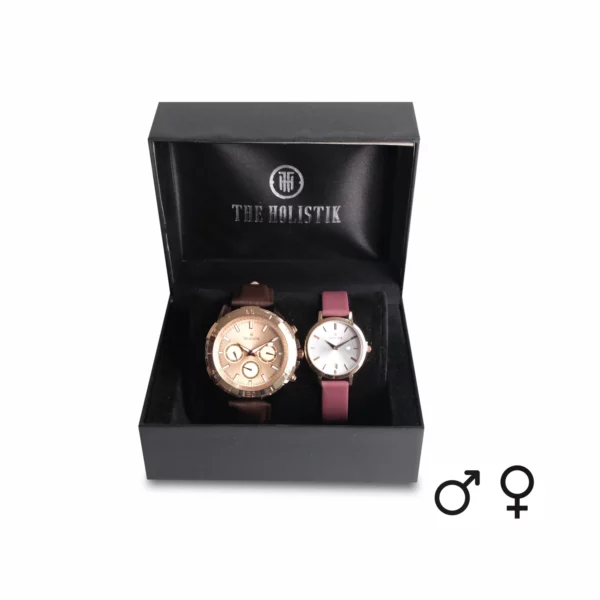 couple's watch combo/pair, rose gold/brown men's watch, pearl-white/deep pink women's watch
