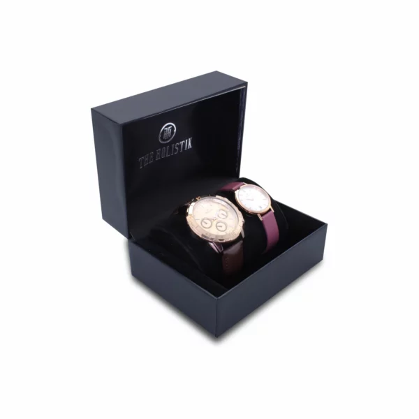 couple's watch combo/pair, rose gold/brown men's watch, pearl-white/deep pink women's watch