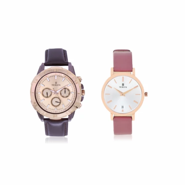 couple's watch combo/pair, rose gold/brown men's watch, pearl-white/deep pink women's watch