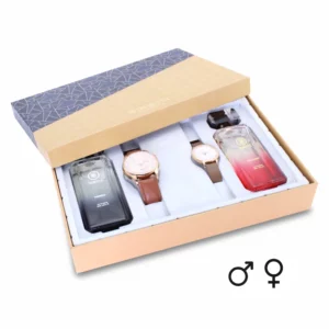 couple's combo, men's parfum EDP, men's rose gold/brown watch, combo, women's parfum EDP, women's white/tan/brown watch