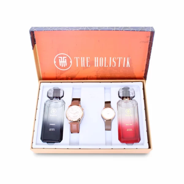 couple's combo, men's parfum EDP, men's rose gold/brown watch, combo, women's parfum EDP, women's white/tan/brown watch