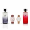 couple's combo, men's parfum EDP, men's rose gold/brown watch, combo, women's parfum EDP, women's white/tan/brown watch