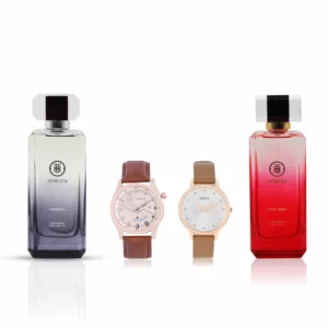 couple's combo, men's parfum EDP, men's rose gold/brown watch, combo, women's parfum EDP, women's white/tan/brown watch