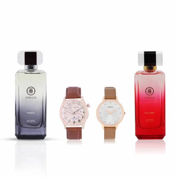 couple's combo, men's parfum EDP, men's rose gold/brown watch, combo, women's parfum EDP, women's white/tan/brown watch