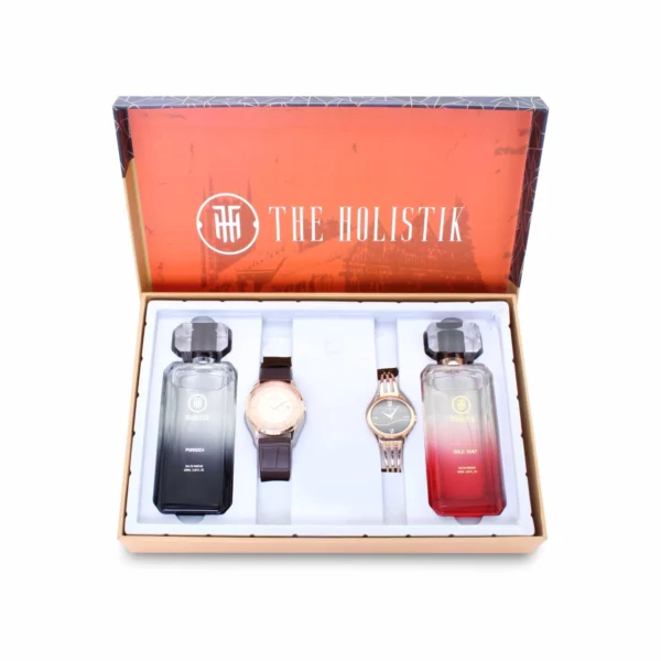 couple's combo, men's parfum EDP, men's rose gold/brown watch, combo, women's parfum EDP, women's olive/gold watch