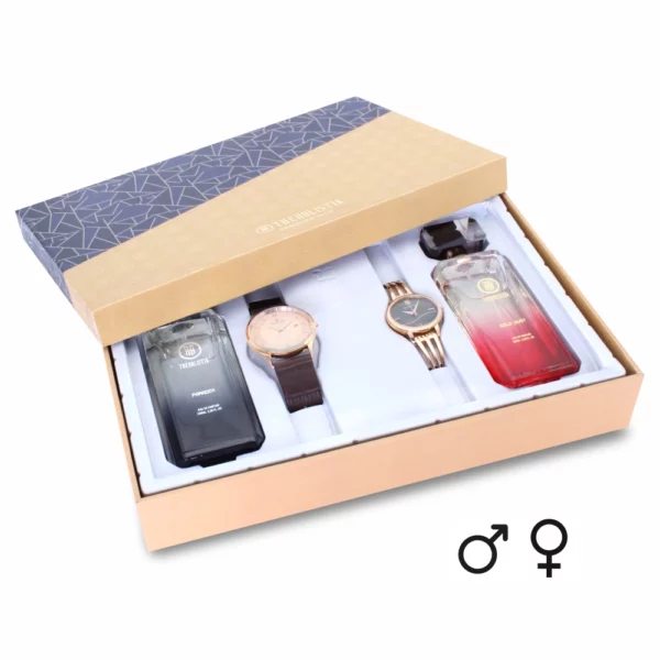 couple's combo, men's parfum EDP, men's rose gold/brown watch, combo, women's parfum EDP, women's olive/gold watch