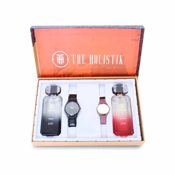 couple's combo, men's parfum EDP, men's black watch, combo, women's parfum EDP, women's white/deep pink watch