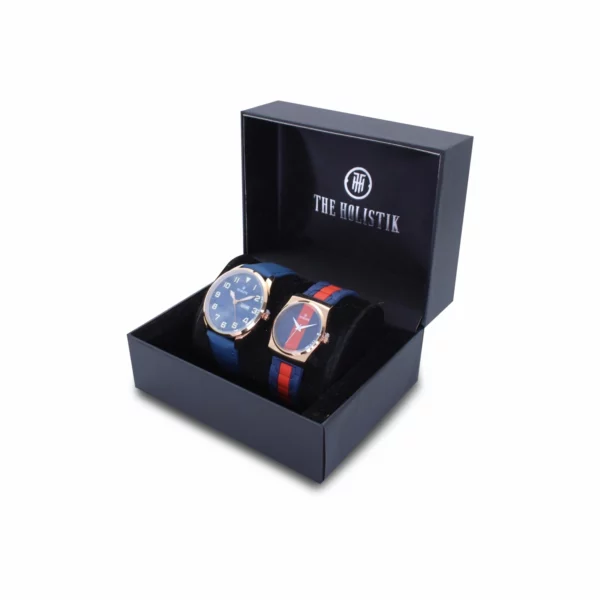 couple's watch combo/pair, blue men's watch, navy blue/orange women's watch