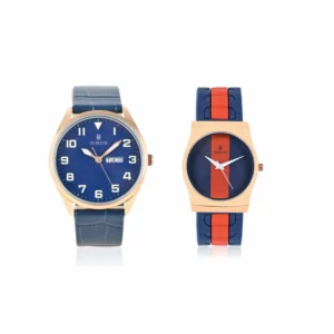 couple's watch combo/pair, blue men's watch, navy blue/orange women's watch