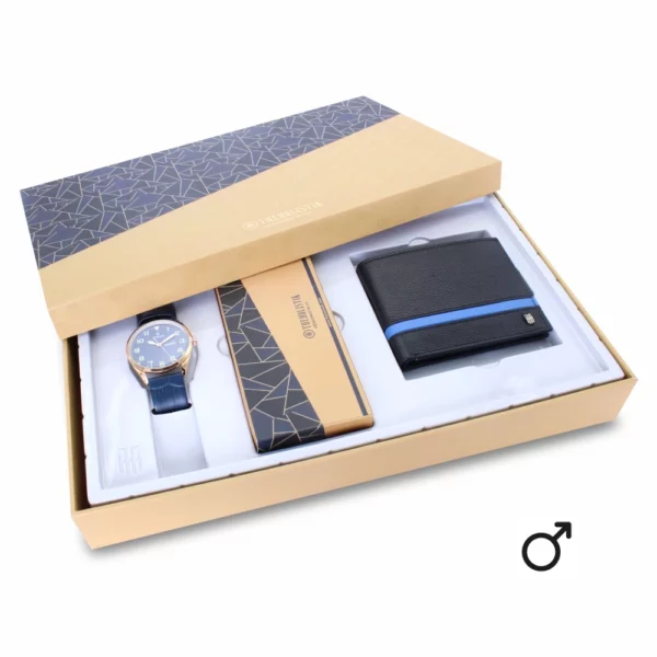 men's combo, blue men's watch, men's wayfarer sunglasses, black/blue men's wallet, genuine leather wallet