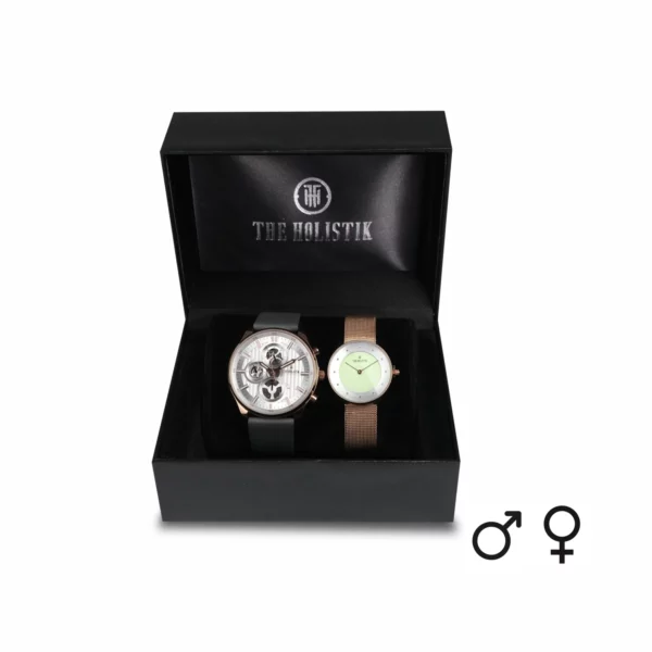 couple's watch combo/pair, silver/grey men's watch, mint green/gold women's watch