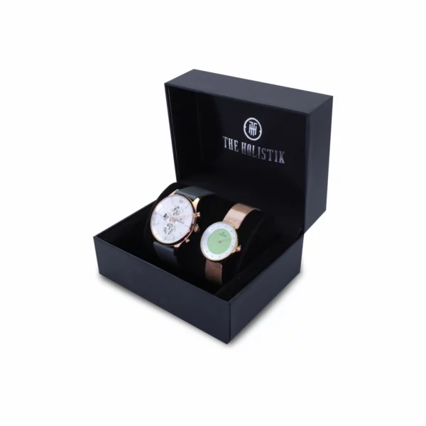 couple's watch combo/pair, silver/grey men's watch, mint green/gold women's watch