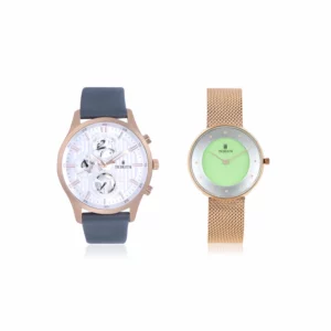 couple's watch combo/pair, silver/grey men's watch, mint green/gold women's watch