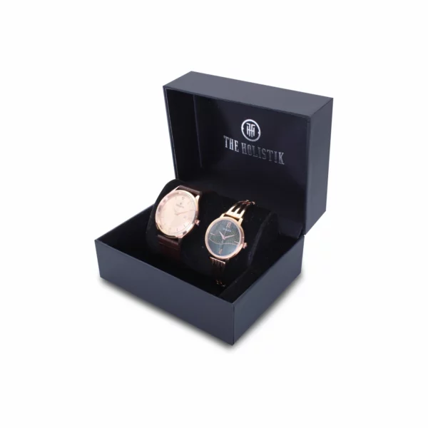 couple's watch combo/pair, rose gold/brown men's watch, olive/gold women's watch