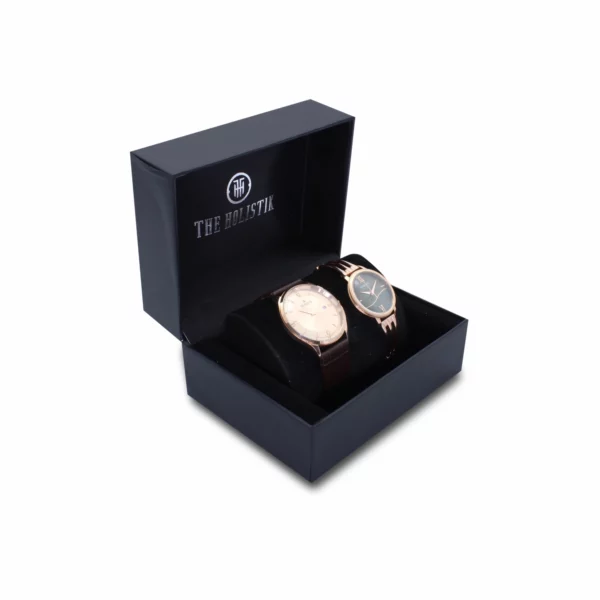 couple's watch combo/pair, rose gold/brown men's watch, olive/gold women's watch