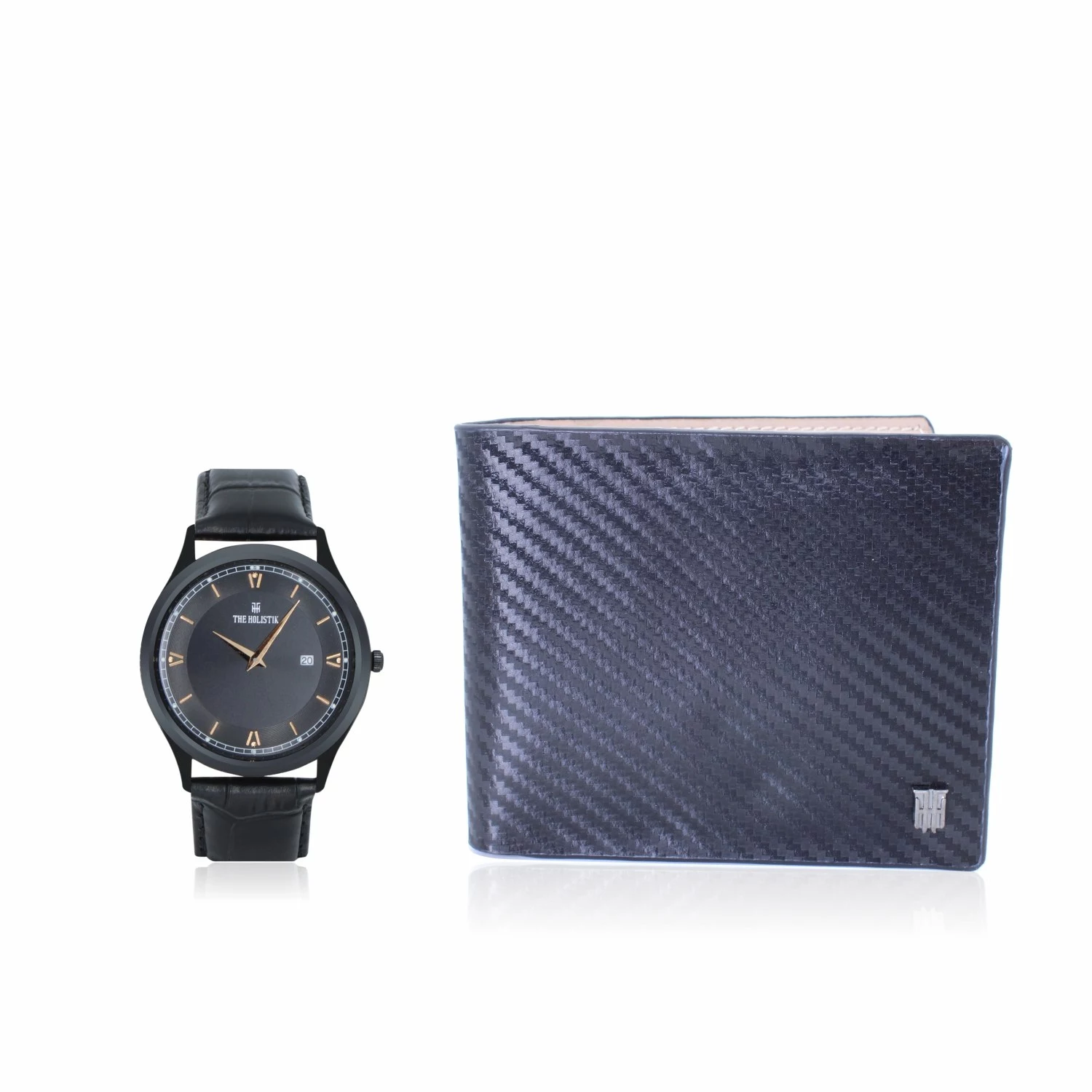men's combo, men's watch, men's wallet, genuine leather wallet, black