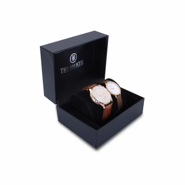 couple's watch combo/pair, rose gold/brown/tan men's watch, white/ brown women's watch
