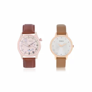 couple's watch combo/pair, rose gold/brown/tan men's watch, white/ brown women's watch