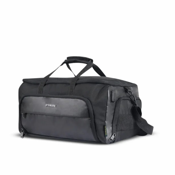wanderer expandable duffel bag, USB charging port, RFID-protected front pockets, can be hanged inside any wardrobe or closet, black