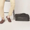 wanderer expandable duffel bag, USB charging port, RFID-protected front pockets, can be hanged inside any wardrobe or closet, black