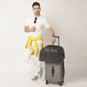drifter smart suitcase duffel bag, usb charging port, TSA lock, split opens like suitcase, black
