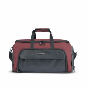 wanderer expandable duffel bag, USB charging port, RFID-protected front pockets, can be hanged inside any wardrobe or closet, black/maroon