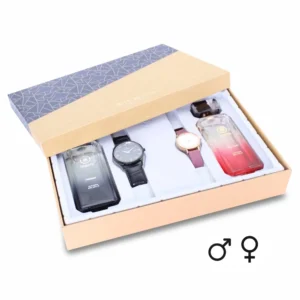 couple's combo, men's parfum EDP, men's black watch, combo, women's parfum EDP, women's white/deep pink watch