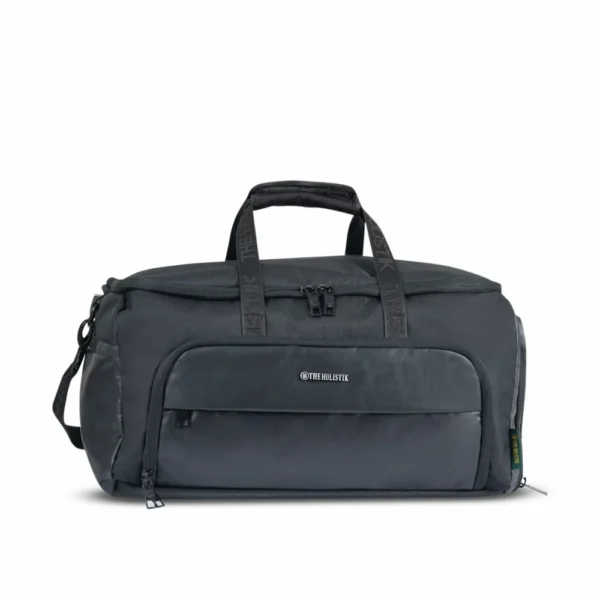 wanderer expandable duffel bag, USB charging port, RFID-protected front pockets, can be hanged inside any wardrobe or closet, black